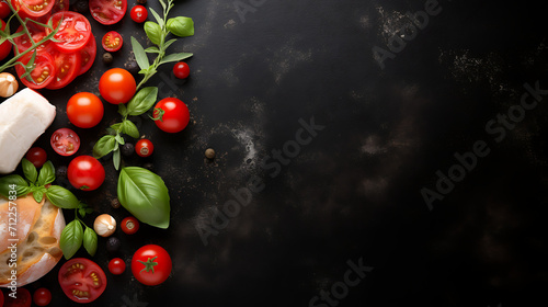 Vegetables on a black background with spices and herbs, generative Ai