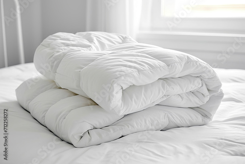 Close up of white folded duvet lying on the bed in background of a modern bedroom. photo