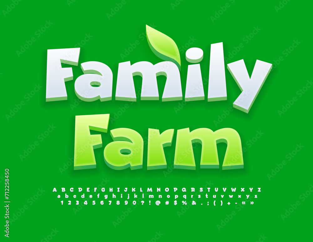 Vector eco conceptFamily Farm. Creative Green Font. Bright Trendy Alphabet Letters and Numbers set. Vector eco conceptFamily Farm. Creative Green Font. Bright Trendy Alphabet Letters and Numbers set.