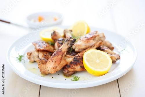 grilled chicken wings on a white plate, with lemon slices