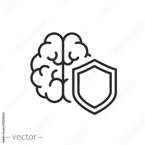 brain with shield icon, mental health protection, save mental health, thin line symbol on white background - editable stroke vector illustration eps10