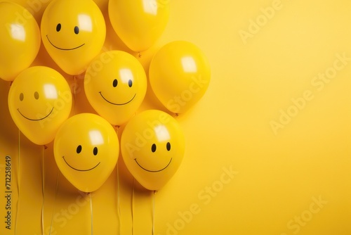 smiley balloons sitting on a yellow background, ai generated photo