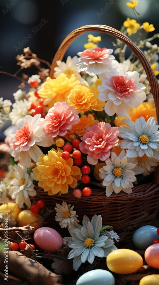 Colorful Easter basket filled with eggs and treats, decorated with flowers. Easter concept. Colorful Easter basket filled with eggs and treats, decorated with flowers. Easter concept.