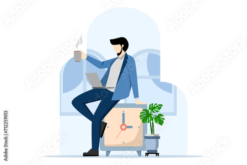businessman relaxing with a cup of coffee or tea with alarm clock, Time off concept, free from boredom, sleepy and tired concept, coffee break time to relax and refresh from long intervals of stress.