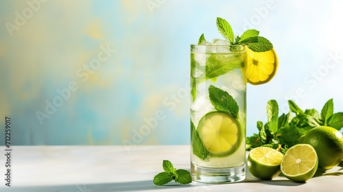 refreshing cocktail with lemon, lime and mint, soft drink with citrus photo