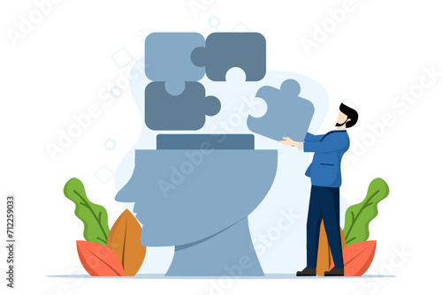 mental health concept. Characters hold puzzles as a form of struggle against stress, depression, emotional exhaustion, and other psychological problems. psychotherapy. flat vector illustration.