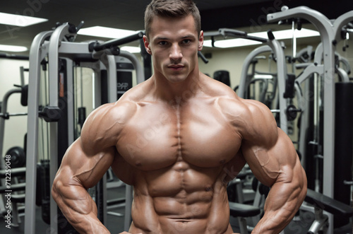 Fit muscular man working out at the gym. Handsome athlete training his body.