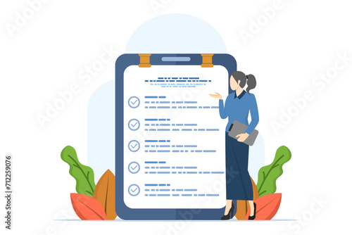 woman checking boxes on achievement list notepad paper. Self-assessment concept, evaluating yourself for personal development or work improvement concept. flat vector illustration on background.