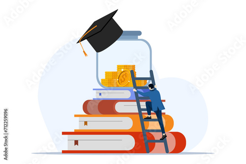 Education budget concept. Student character investing money in education, taking loan from friends. University and tuition concept. Flat vector illustration on white background.