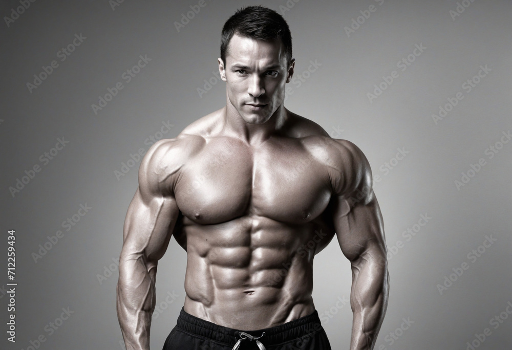 Fototapeta premium Powerful Muscular Man Flexing Biceps in Black and White, Exuding Motivation