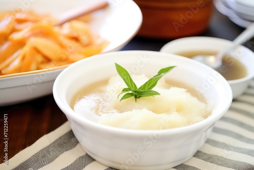 creamy mashed potatoes with gravy in a white bowl