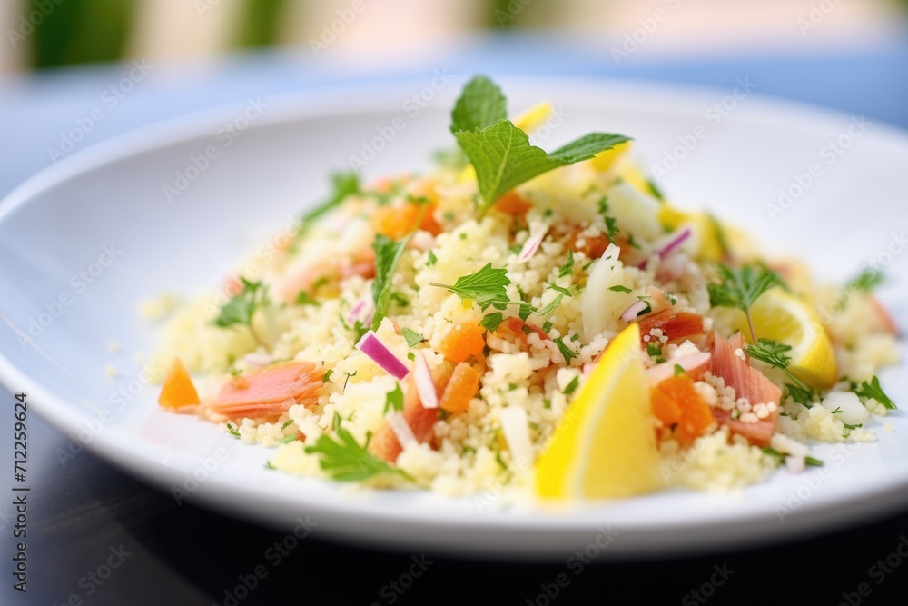 macro shot of couscous salad with lemon zest garnish macro shot of couscous salad with lemon zest garnish