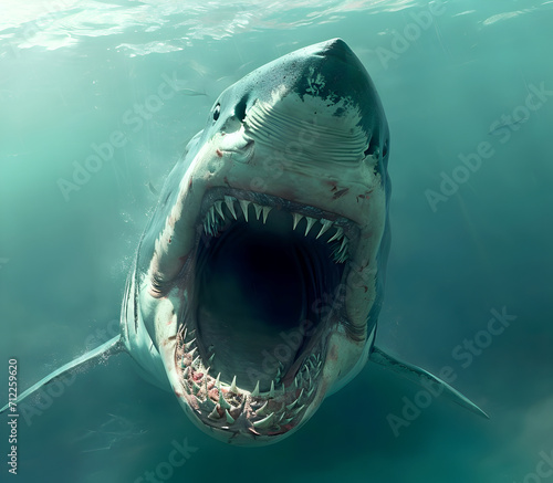 Attack of a great white shark. Realistic illustration of a predatory fish. Edited AI illustration.	 photo