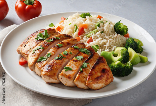 Spicy chicken cutlets with rice and vegetables