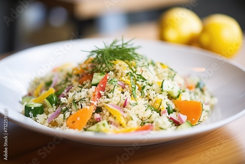 macro shot of couscous salad with lemon zest garnish