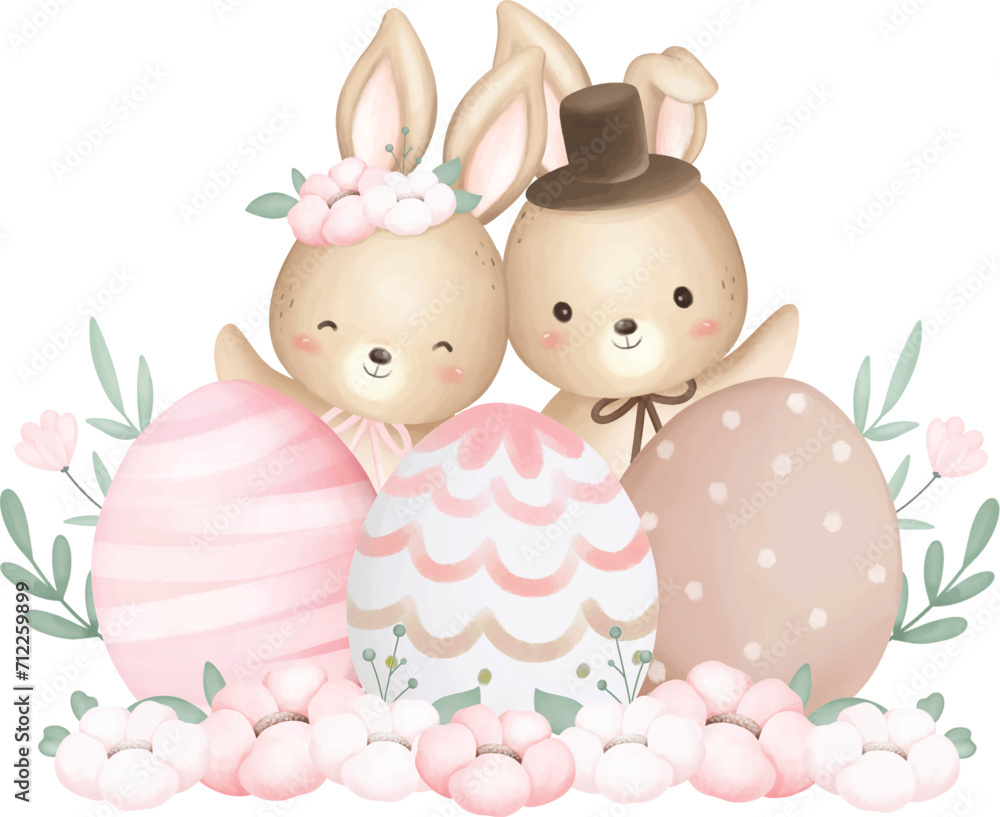 Watercolor Illustration Cute Easter Rabbits and Easter Eggs at Garden with Flowers Watercolor Illustration Cute Easter Rabbits and Easter Eggs at Garden with Flowers