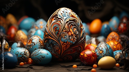 Beautifuly decorated colorful Ester eggs with carving. photo