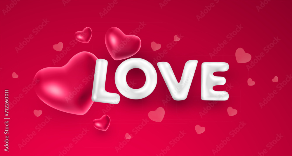 Vector romantic illustration of red color heart with white letter love. 3d style holiday design of word love with heart on red background for Happy Valentine day