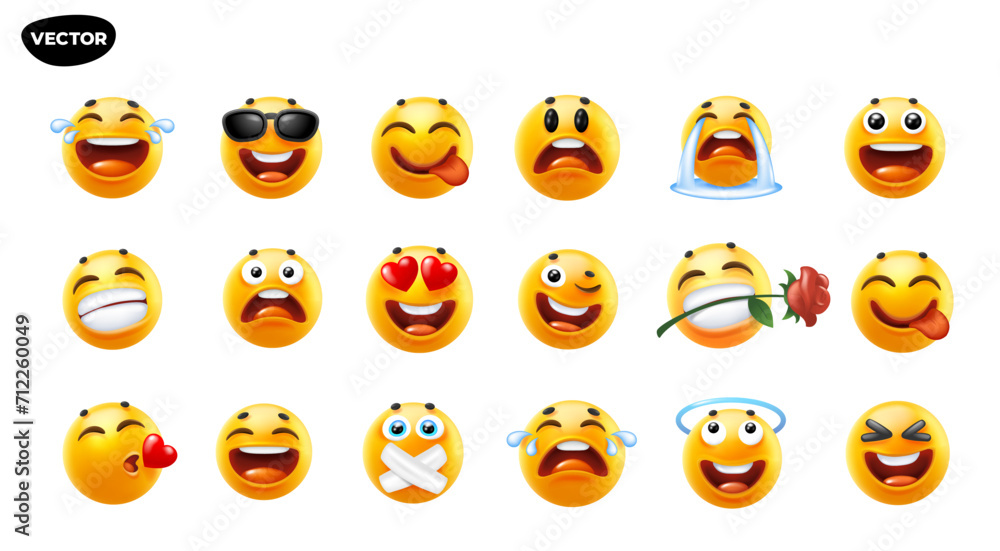 3d vector style design of funny collection of emoji with smile, tongue, kiss, heart and tear. Vector large set of illustration of happy fun yellow color emoticon with different emotion on white - obrazy, fototapety, plakaty 