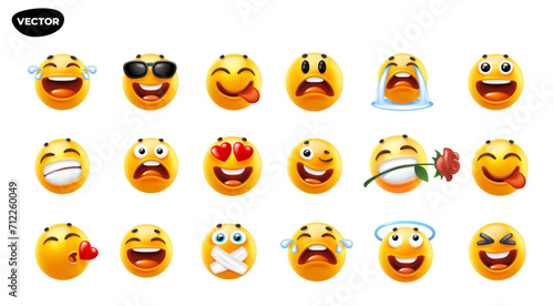 Obraz na płótnie 3d vector style design of funny collection of emoji with smile, tongue, kiss, heart and tear