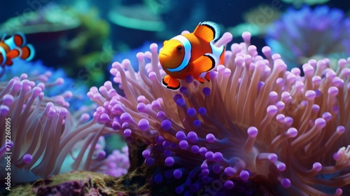 Family Scene Capture a family of clownfish within their anemone home, showcasing the interactions between the adult fish and their smaller offspring