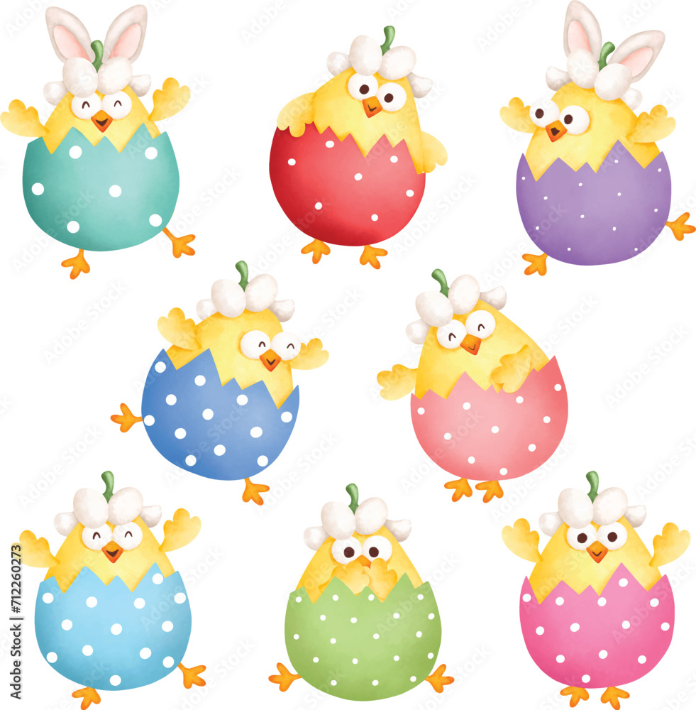 Obraz premium Watercolor Illustration set of cute Chicks in Colorful Easter Egg