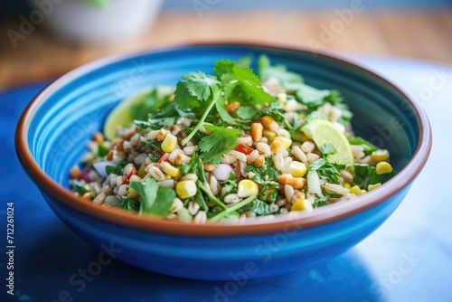 farro salad with corn kernels and cilantro in a blue bowl