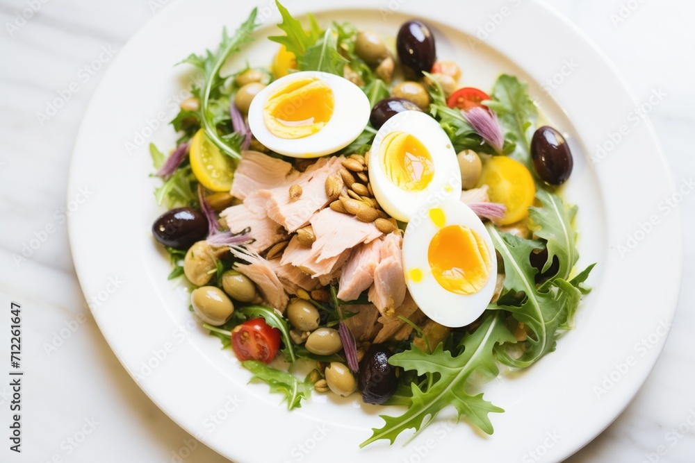 nicoise salad with tuna, eggs, and olives on a white plate nicoise salad with tuna, eggs, and olives on a white plate