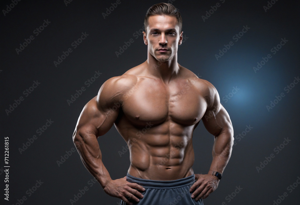 Muscular bodybuilder flexing on dark background. Closeup of strong athlete with bare torso. Fitness model showcasing muscles. Blue filter. Fitness and strength display.