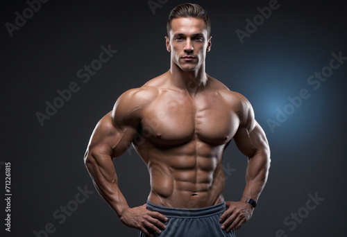 Attractive bodybuilder posing and showing off muscles on dark background. Half turn to the camera. Closeup. Blue light filter. Strong athlete with naked torso. Fitness concept.