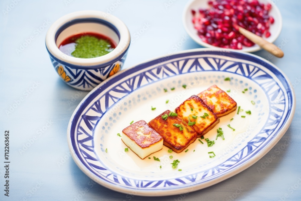 halloumi on a ceramic dish with a side of cranberry dip