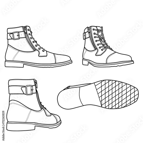 Template vector high leather ankle shoes with single buckle hand-drawn collection, formal shoes. Vector sketch illustration, side, and back view. Isolated on a white background.