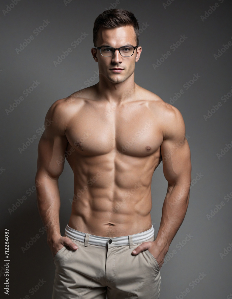 Fototapeta premium Hot, Handsome, Shirtless Man in Glasses Posing Against Dark Background