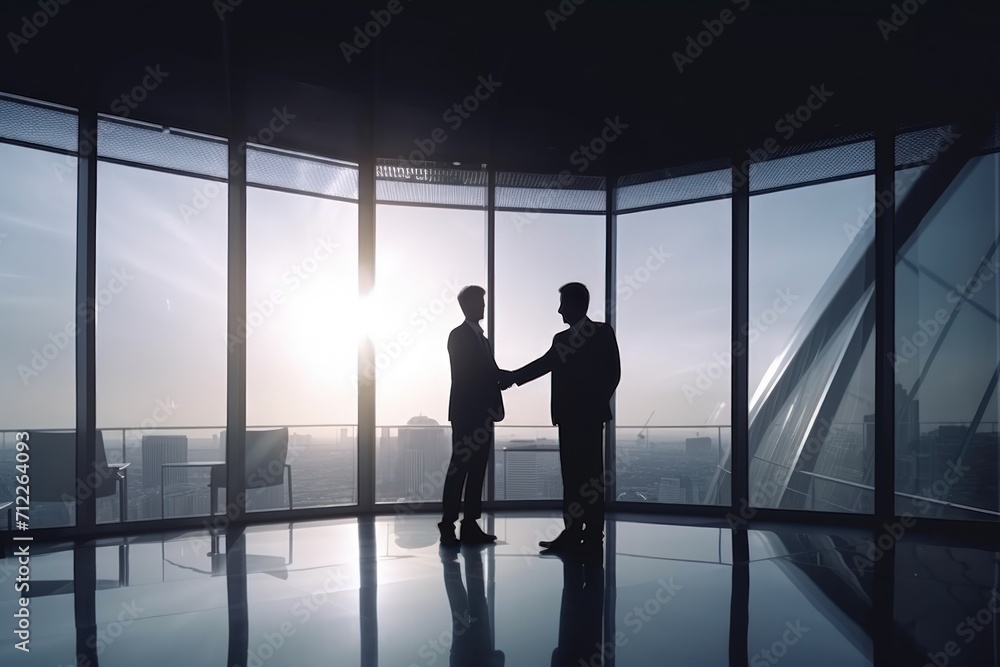 Businessmen in an office, shaking hands after deal completion, silhouette, business and technology concept