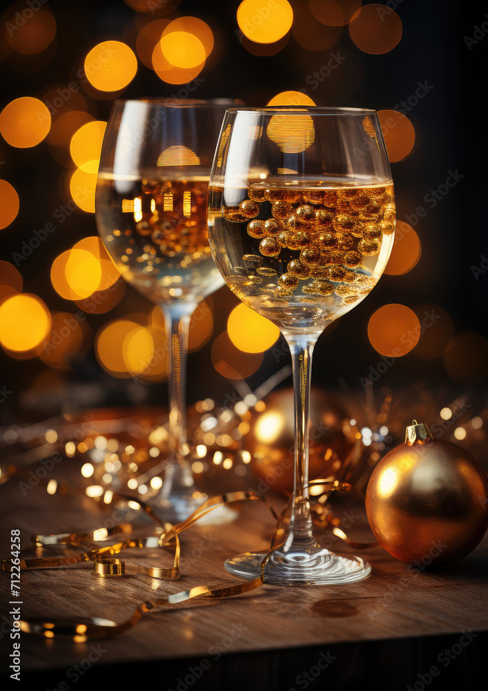 Champagne Cocktail in Glasses under Christmas Bokeh Lights extreme closeup. Generative AI Champagne Cocktail in Glasses under Christmas Bokeh Lights extreme closeup. Generative AI