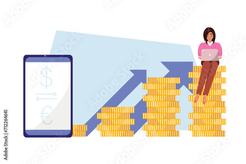 Woman strategically navigates trading, investment, saving and currency exchange on a pile of coins