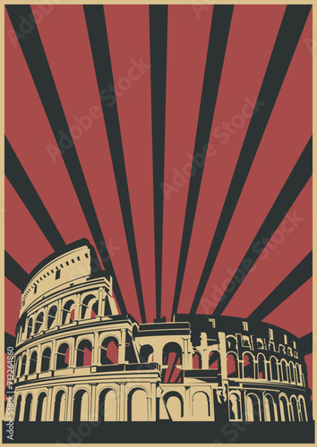 Roman Colosseum Ruin, Retro Propaganda Style Poster Template, Black Red White Colors