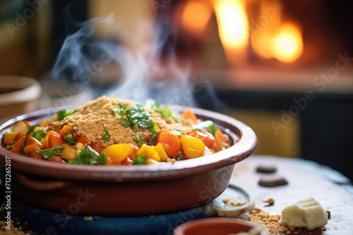 tagine pot in a rustic oven with glowing embers around photo