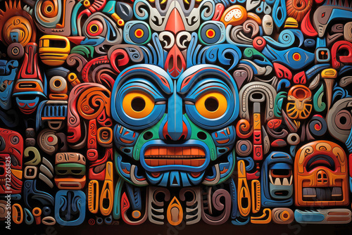 Ancient Psychedelia Mesoamerican Colorful Ritual Pattern extreme closeup. Generative AI