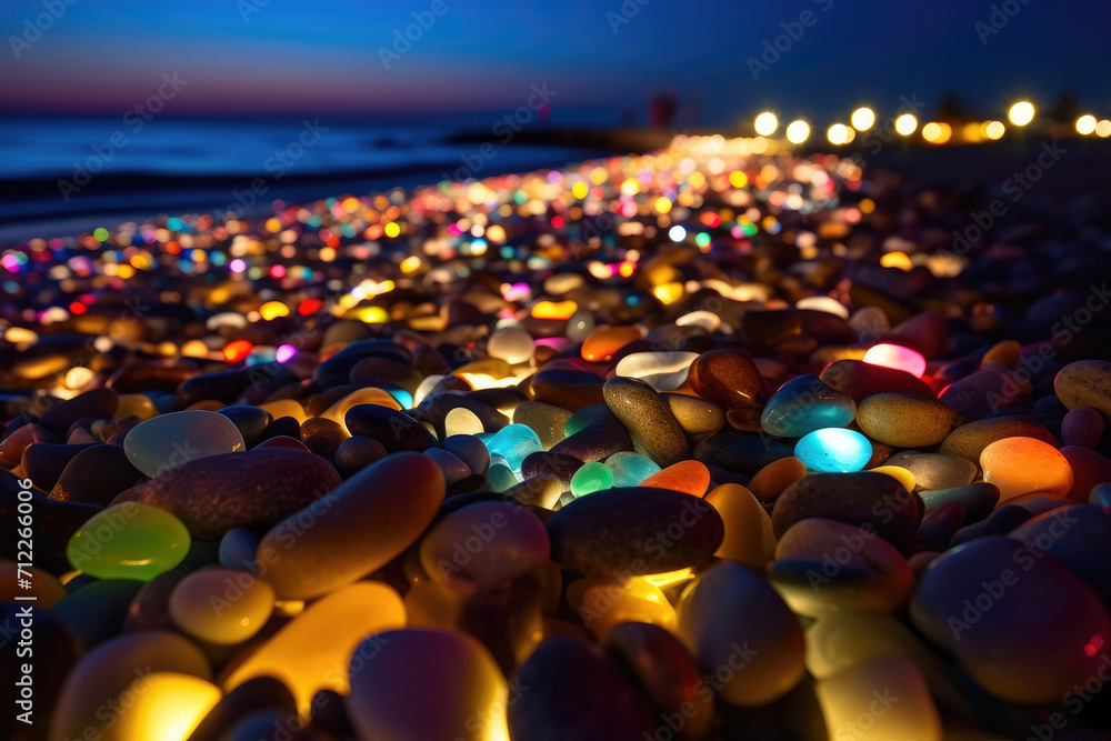 Obraz premium Beautiful Neon Colorful Pebbles on the Night Beach extreme closeup. Generative AI