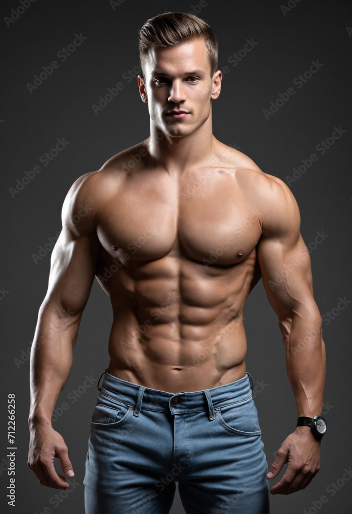 Ripped male model posing with hands in pockets on dark background. Fit physique with defined abs. Gazing sideways. Studio photo.