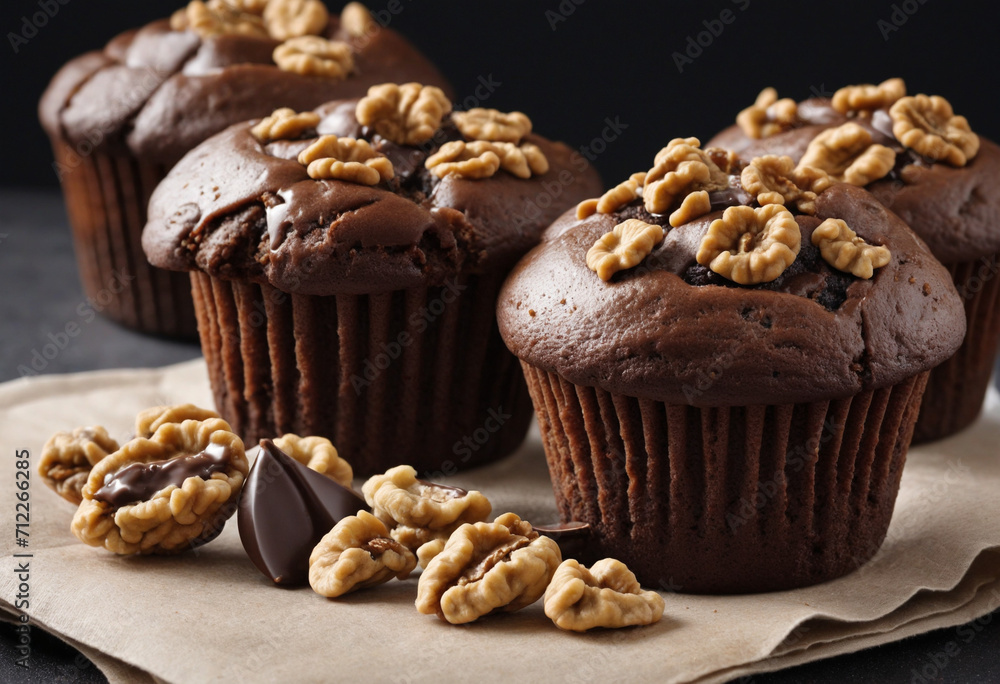 Chocolate and walnut muffins, freshly baked in a cozy homemade bakery setting against a dark background Chocolate and walnut muffins, freshly baked in a cozy homemade bakery setting against a dark background