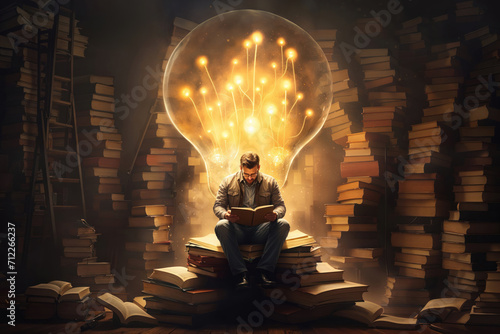 A man reading books is granted with knowledge, ideas and imaginations photo