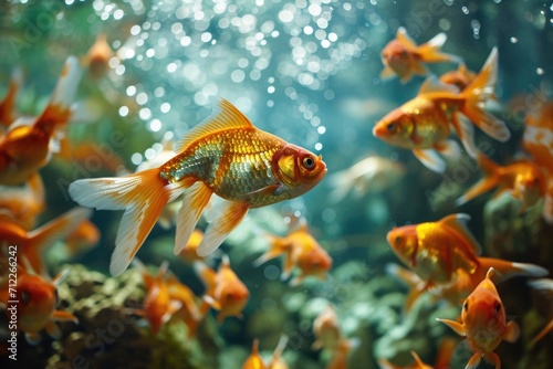 A lively aquarium scene featuring a multitude of colorful goldfish swimming gracefully. The fish exhibit various sizes and exhibit a sense of movement © Konstiantyn Zapylaie