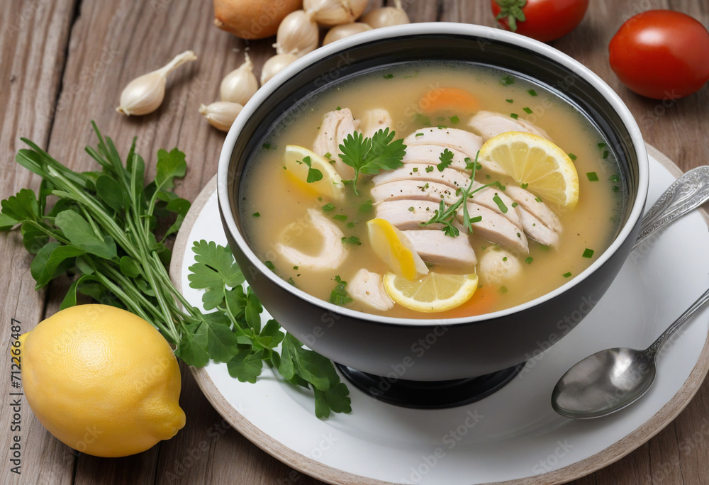 Traditional Greek Avgolemono Soup from an overhead perspective Traditional Greek Avgolemono Soup from an overhead perspective