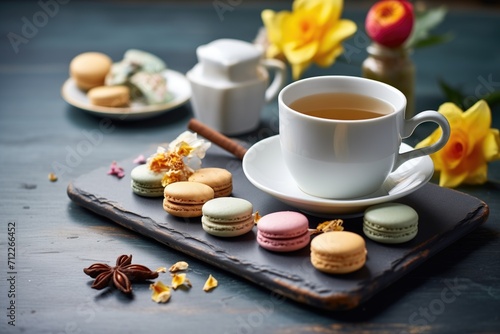 assorted macarons on slate with coffee cup
