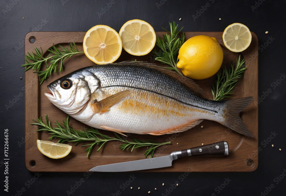 Grilled sea bream fish with lemon slices