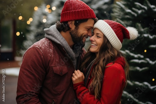 Affectionate duo in holiday hats, noses touching, in a warmly lit festive scene.