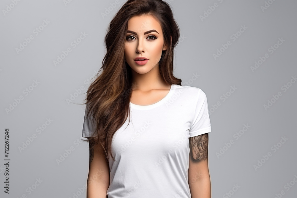 Obraz premium Woman in White Tshirt Mockup created with Generative AI