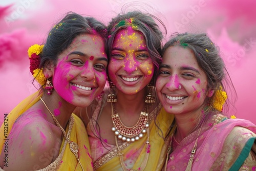 Three joyful women in traditional attire celebrating Holi with vibrant colors.